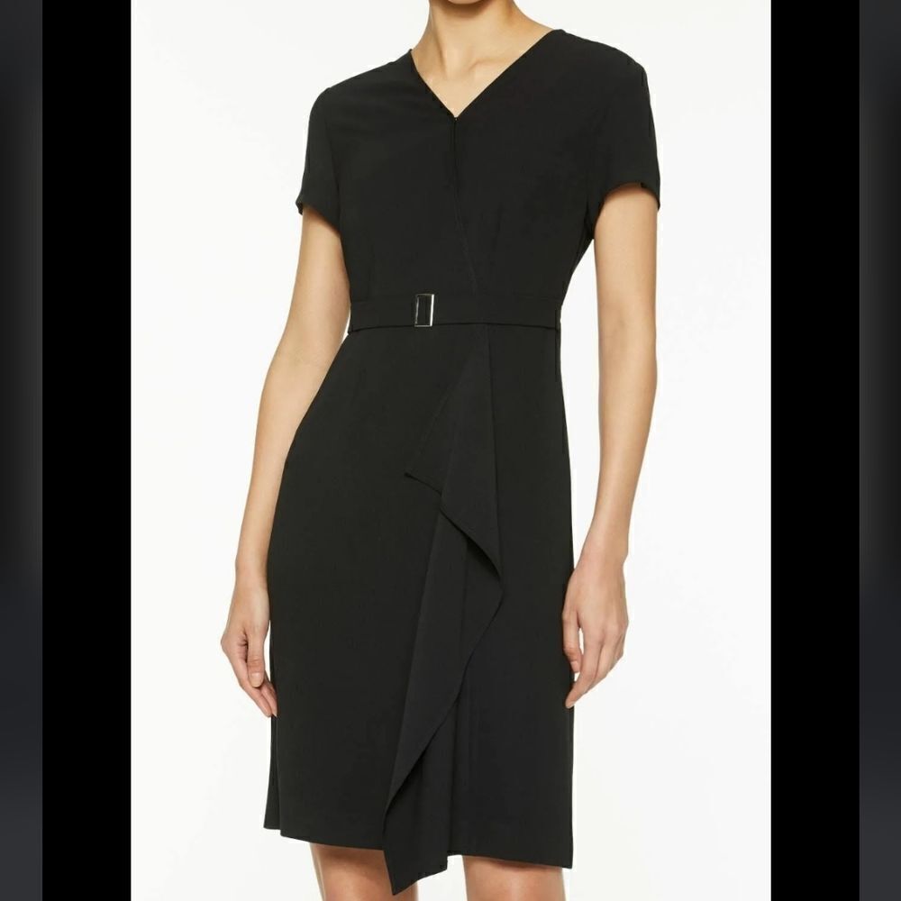 Ming Wang Black‎ Belted Faux Wrap Dress Size Medium